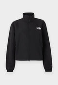 Schwarze Jacke mit durchgehendem Reißverschluss, Stehkragen, elastischen Bündchen und weißem "The North Face"-Logo auf der linken Brust.