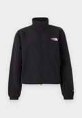 Schwarze Jacke mit durchgehendem Reißverschluss, Stehkragen, elastischen Bündchen und weißem "The North Face"-Logo auf der linken Brust.