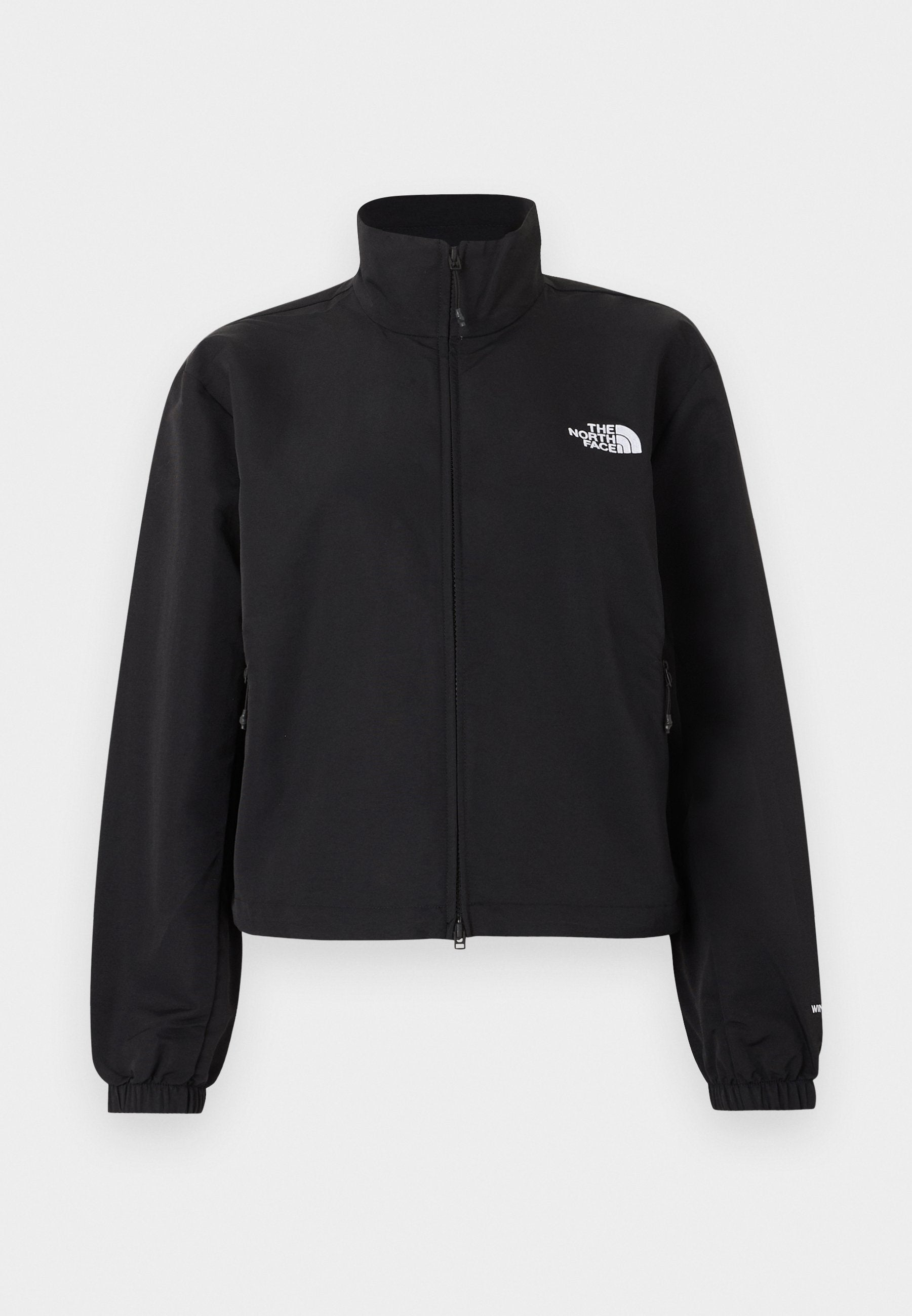 Schwarze Jacke mit durchgehendem Reißverschluss, Stehkragen, elastischen Bündchen und weißem "The North Face"-Logo auf der linken Brust.
