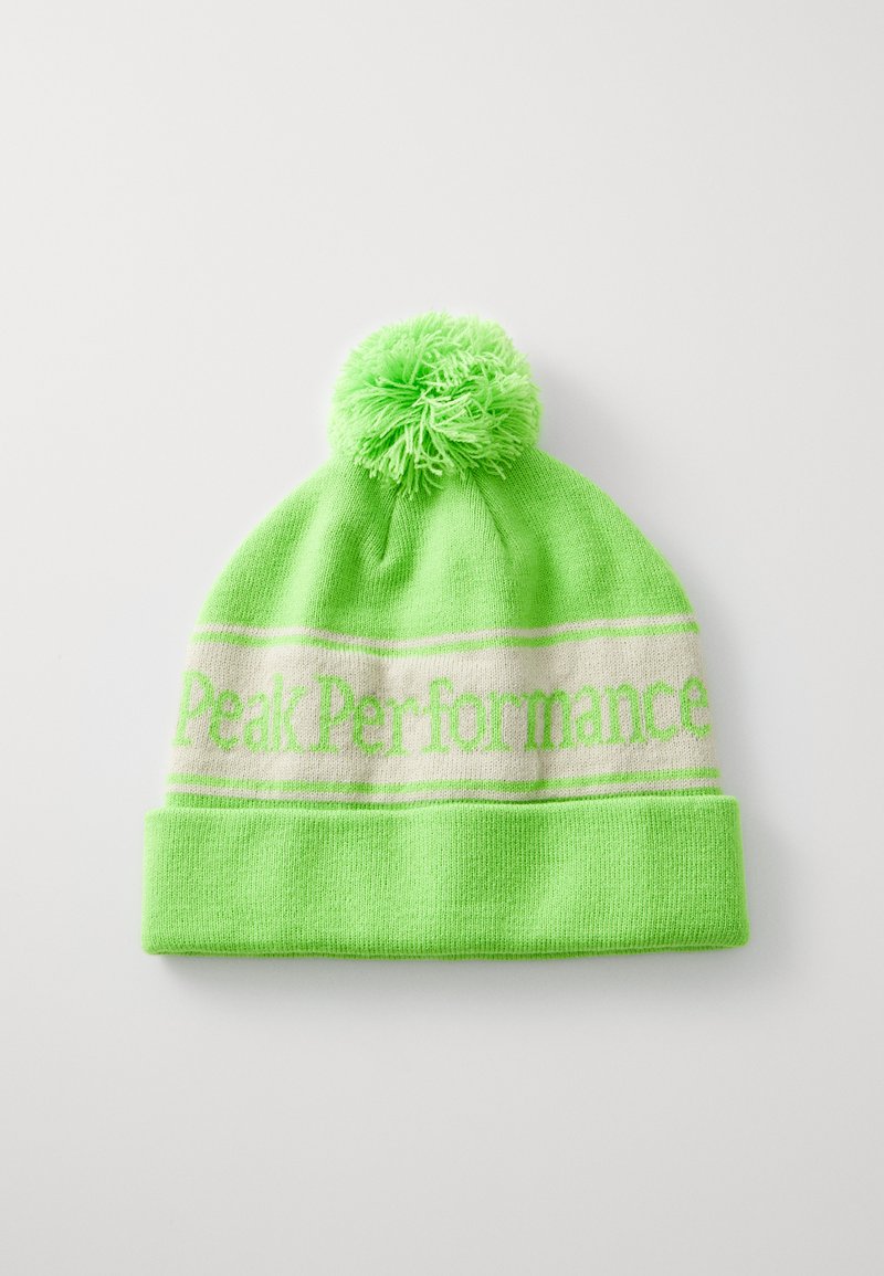 Neongrün gestrickte Mütze mit umgeschlagenem Saum, ausgestattet mit einem weißen Band mit dem Text "Peak Performance" und einem Pompon oben.