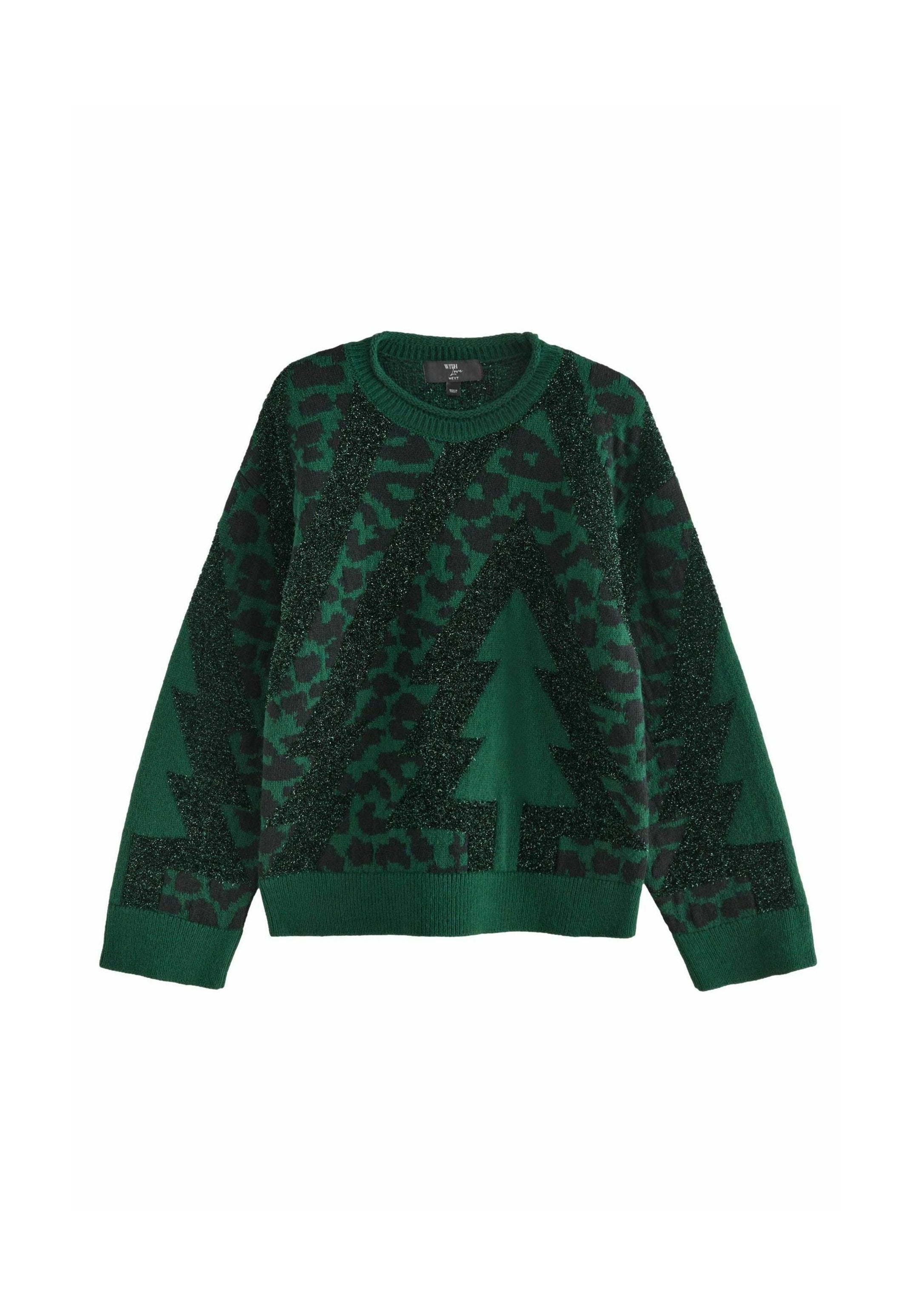 Grüner Strickpullover mit strukturiertem Design, das schwarze Leopardenmuster und Weihnachtsbaumformen zeigt. Rundhalsausschnitt und lange Ärmel.