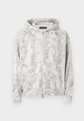 Kapuzensweatshirt in Hellgrau mit einem naturinspirierten Muster. Verfügt über einen Frontreißverschluss, zwei Taschen und gerippte Bündchen. Weiche Textur.