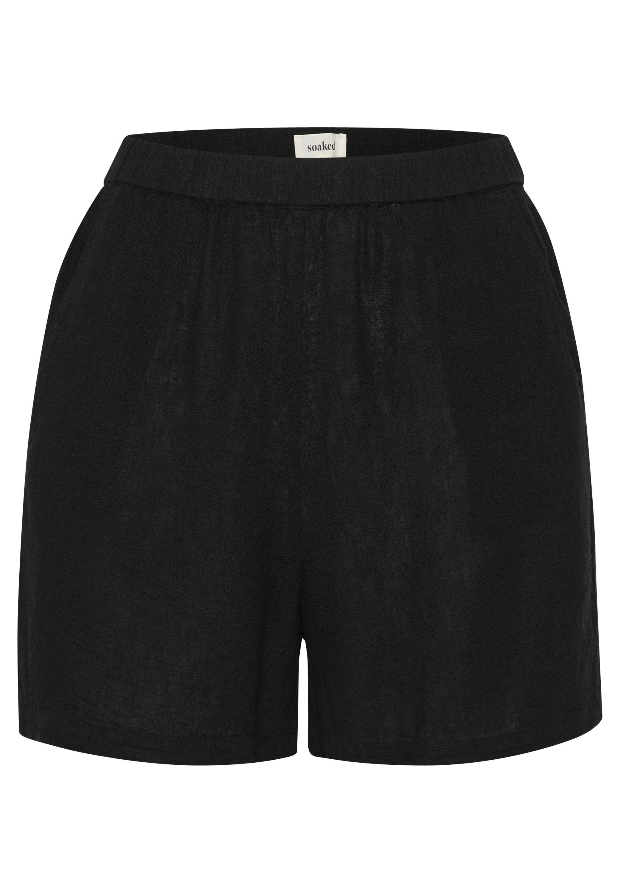 Schwarze Shorts aus leichtem Stoff, mit einem elastischen Bund, einer glatten Textur und einem schlichten Design ohne Taschen.