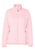 Hellrosa Fleecejacke mit Reißverschluss, langen Ärmeln, hohem Kragen und seitlichen Reißverschlusstaschen, auf weißem Hintergrund dargestellt.