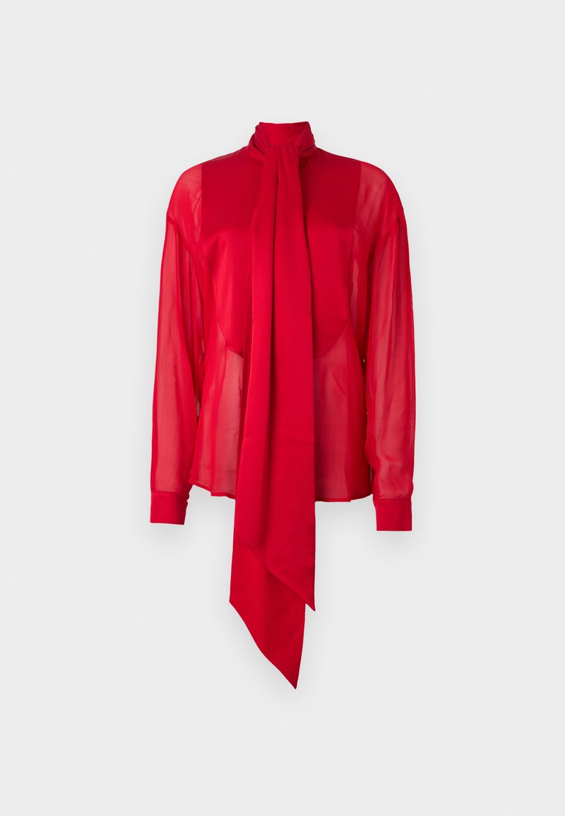 Rote, durchsichtige Bluse mit hohem Kragen und langen Ärmeln. Verfügt über eine auffällige, drapierte Schleifendetail an der Vorderseite und eng anliegende Manschetten.