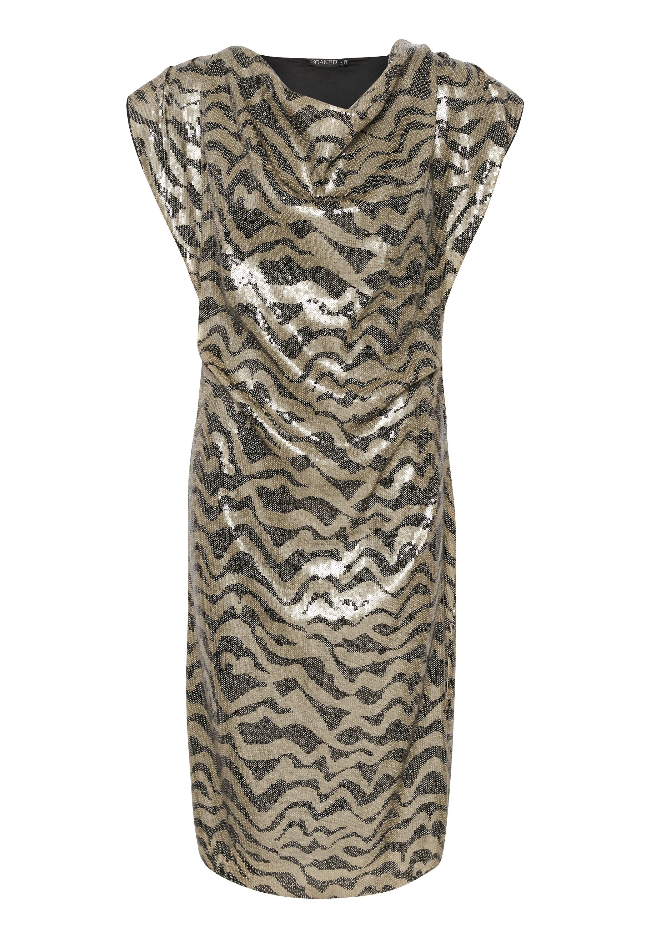 Glänzendes Gold- und schwarzes Pailletten-Kleid mit Zebra-Muster, ärmellosem Design und drapiertem Ausschnitt.