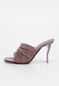 Rosa verzierte High-Heels mit einem gerafften Stoffdesign. Verfügt über einen durchsichtigen Absatz und eine glatte, glänzende Sohle.