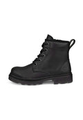 Schwarze Leder-Ankle-Boots mit runder Zehenform, Schnürdesign, strukturierten Seitenpaneelen und einer robusten Gummisohle mit Profil für besseren Halt.