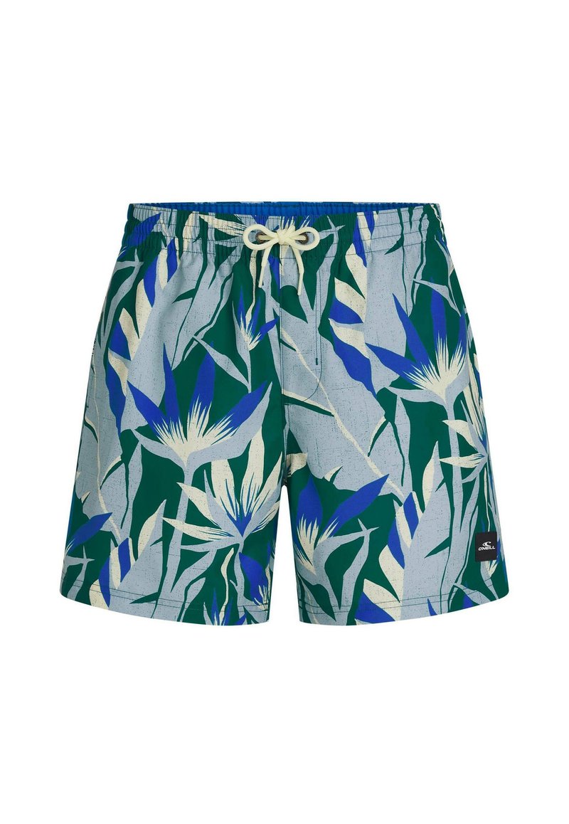 Grüne Herren-Badeshorts mit blauem und cremefarbenem tropischem Blattmuster und weißem Kordelzug am Bund, O’Neill-Logo am linken Bein.