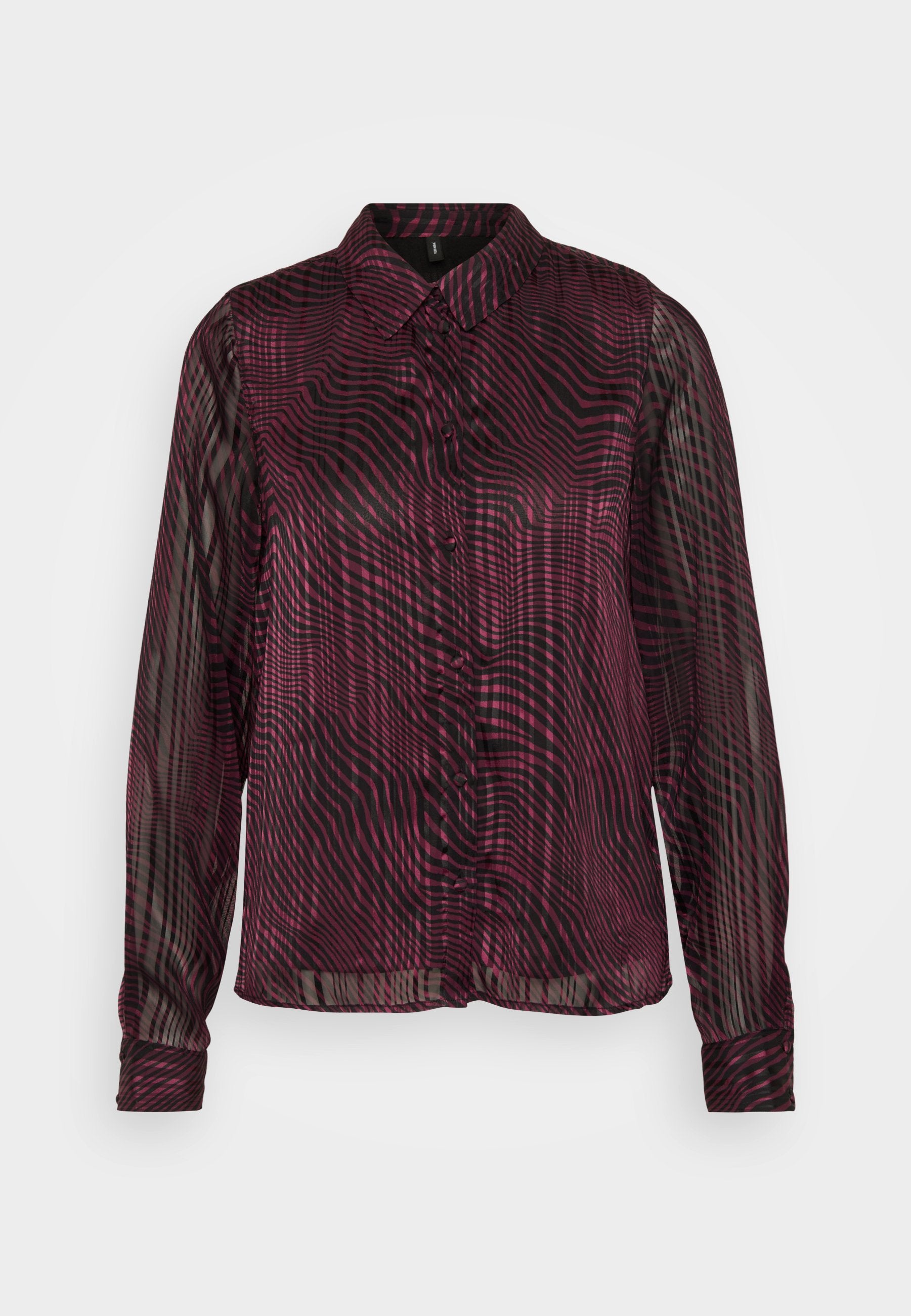 Transparente Hemdbluse in Dunkelrot mit schwarzem Wellenstreifenmuster; hat einen Kragen und lange Ärmel mit geknöpften Manschetten.