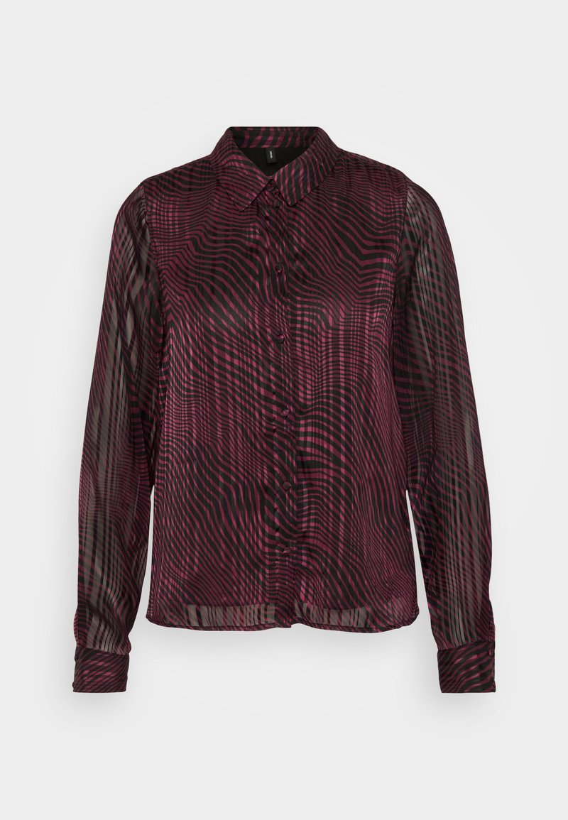 Transparente Hemdbluse in Dunkelrot mit schwarzem Wellenstreifenmuster; hat einen Kragen und lange Ärmel mit geknöpften Manschetten.