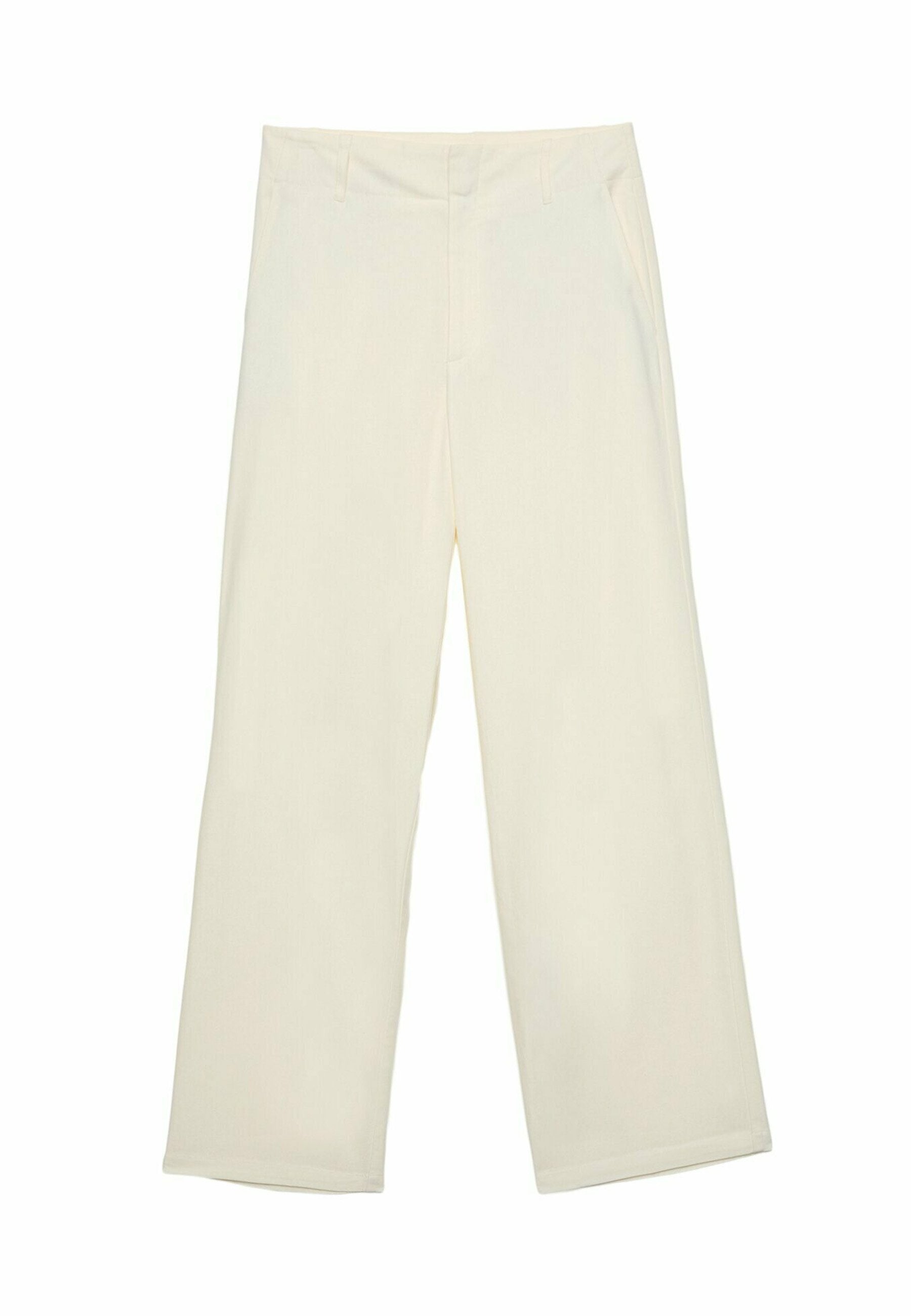 Cremfarbene weit geschnittene Hose aus leichtem Stoff, mit vorderen Taschen und einer glatten, gleichmäßigen Textur sowie einem klaren Finish.