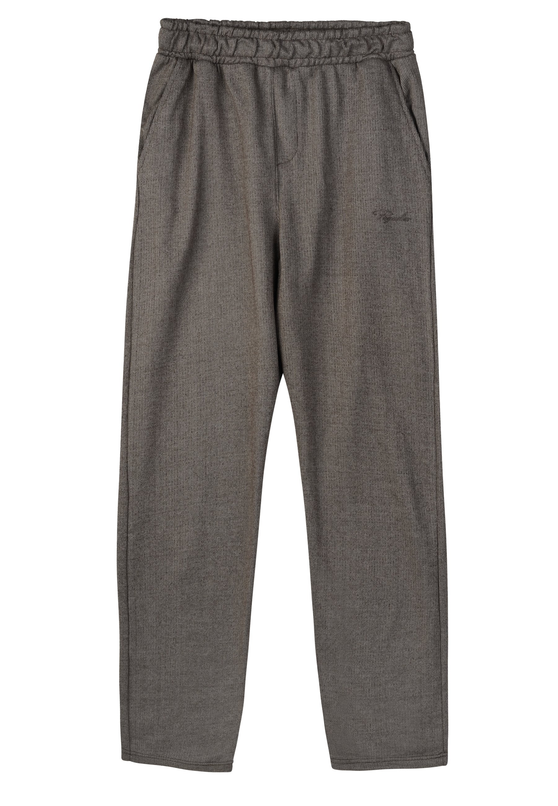 Graue Sweatpants mit elastischem Bund, Seitentaschen und einem dezenten strukturierten Muster für zusätzliche Details. Lockerer Schnitt mit geraden Beinen.