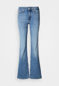Blaue High-Waist-Jeans aus Denim mit ausgestelltem Bein, vorderer Knopfleiste und Reißverschluss sowie Vorder- und Gesäßtaschen.