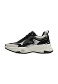 Schwarze, weiße und silberne klobige Sneaker mit Mesh- und Lederdetails, Tierdruckkragen, dicker weiße Sohle und schwarzen Schnürsenkeln.