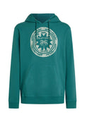 Türkisfarbener Hoodie aus weichem Stoff mit einer Fronttasche und einer Kapuze mit Kordelzug. Zeigt eine runde Grafik mit Palmen und Text.