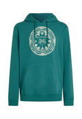 Türkisfarbener Hoodie aus weichem Stoff mit einer Fronttasche und einer Kapuze mit Kordelzug. Zeigt eine runde Grafik mit Palmen und Text.