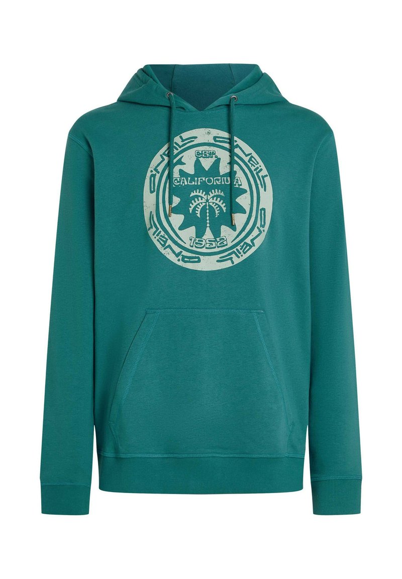 Türkisfarbener Hoodie aus weichem Stoff mit einer Fronttasche und einer Kapuze mit Kordelzug. Zeigt eine runde Grafik mit Palmen und Text.