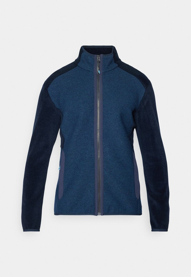 Navyblaue Fleecepullover mit Reißverschluss, strukturiertem Obermaterial, glatten blauen Ärmeln, hohem Kragen und Seitentaschen. Verfügt über kontrastierende Materialien und ein schlankes Design.