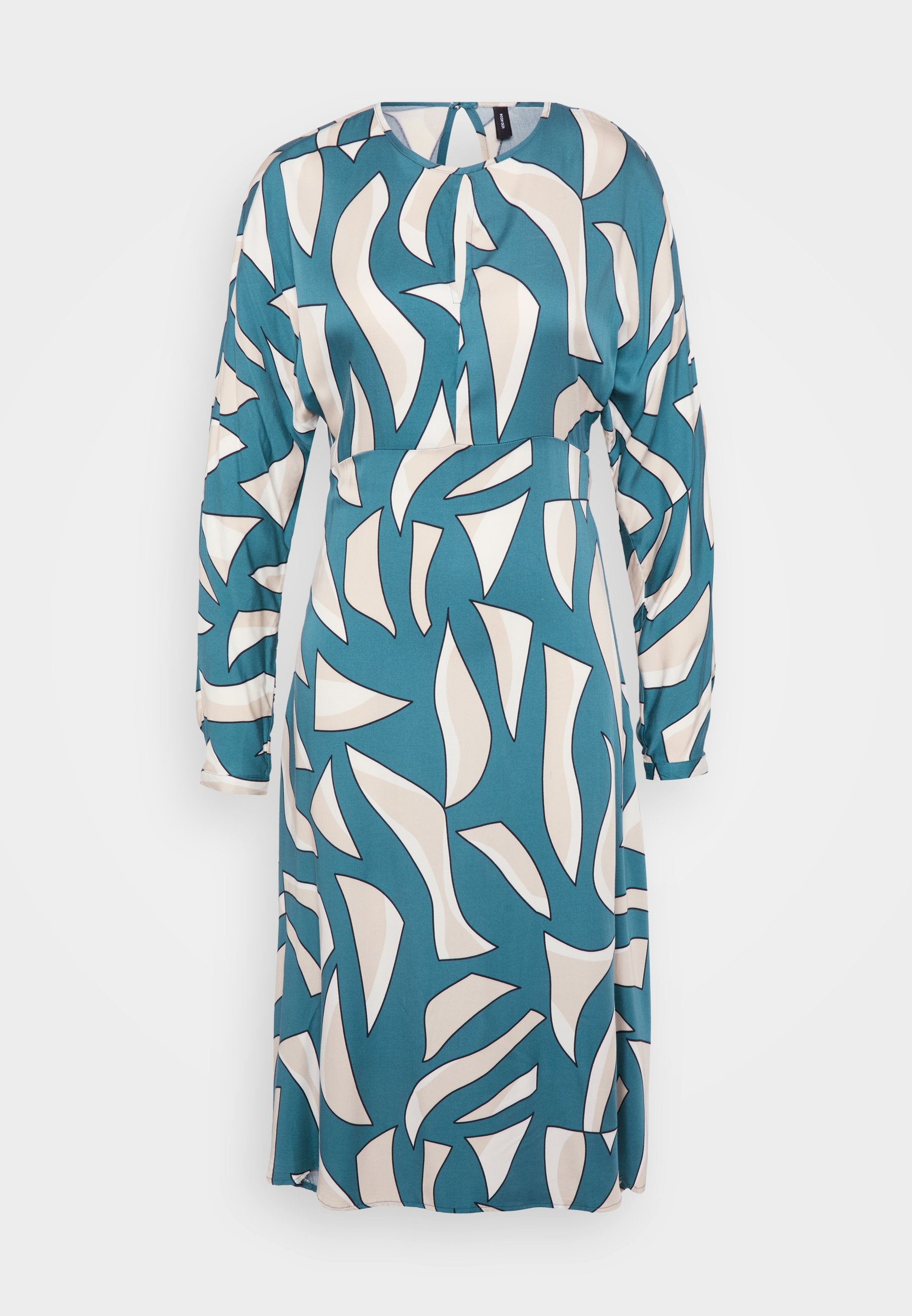 Türkisfarbenes Kleid mit einem abstrakten cremefarbenen Muster, langen Ärmeln, rundem Ausschnitt und tailliertem Bund. Hergestellt aus leichtem Stoff mit glatter Textur.