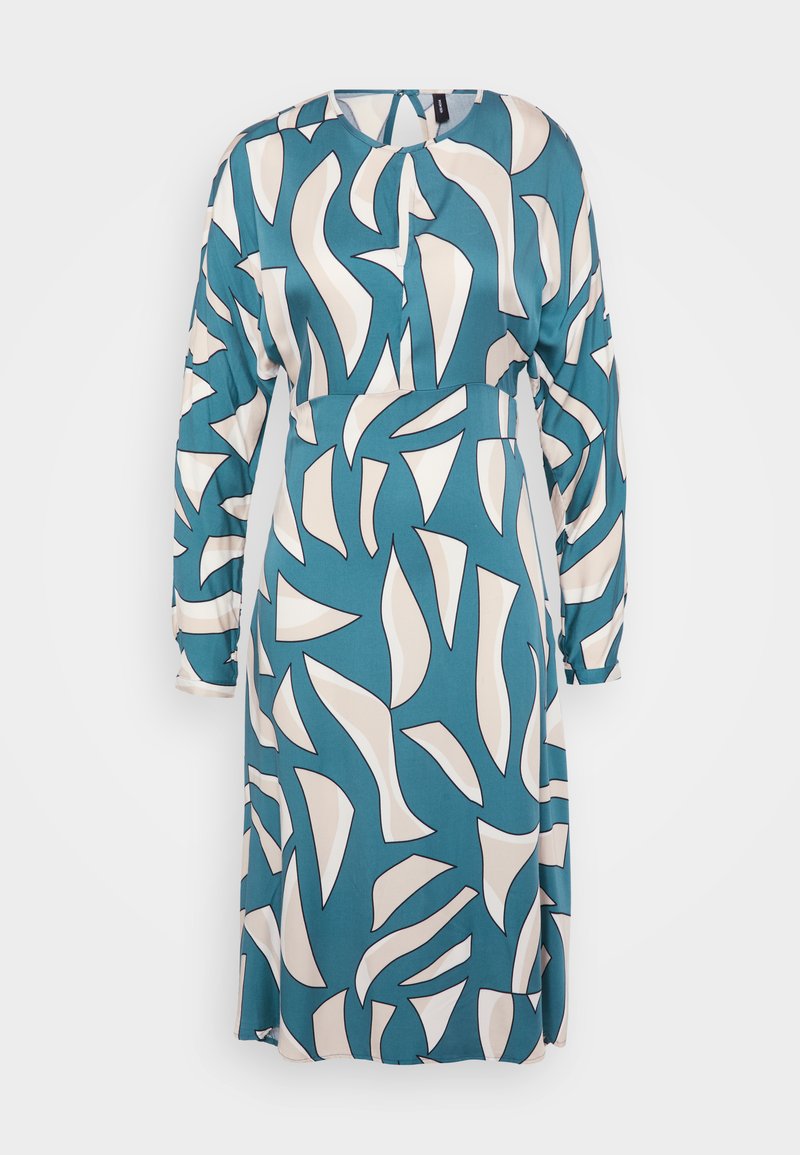 Türkisfarbenes Kleid mit einem abstrakten cremefarbenen Muster, langen Ärmeln, rundem Ausschnitt und tailliertem Bund. Hergestellt aus leichtem Stoff mit glatter Textur.