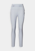 Helles blaugraues Sportleggings aus glattem Material, mit hohem Bund, seitlichen Taschen und einem kontrastierenden Gürtel-Detail an der Taille.
