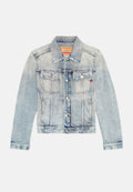 Hellblaue Jeansjacke mit einem breiten Kragen, durchgehender Knopfverschluss, zwei Brusttaschen und langen Ärmeln. Mit kontrastierenden Nähten.