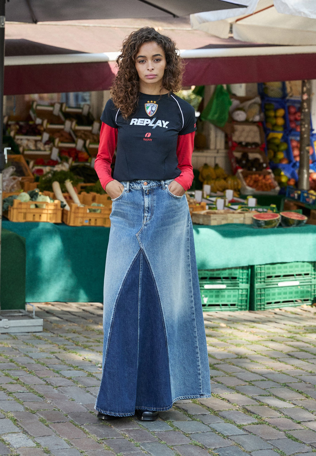 Replay PATCHWORK WASHED DENIM SKIRT
