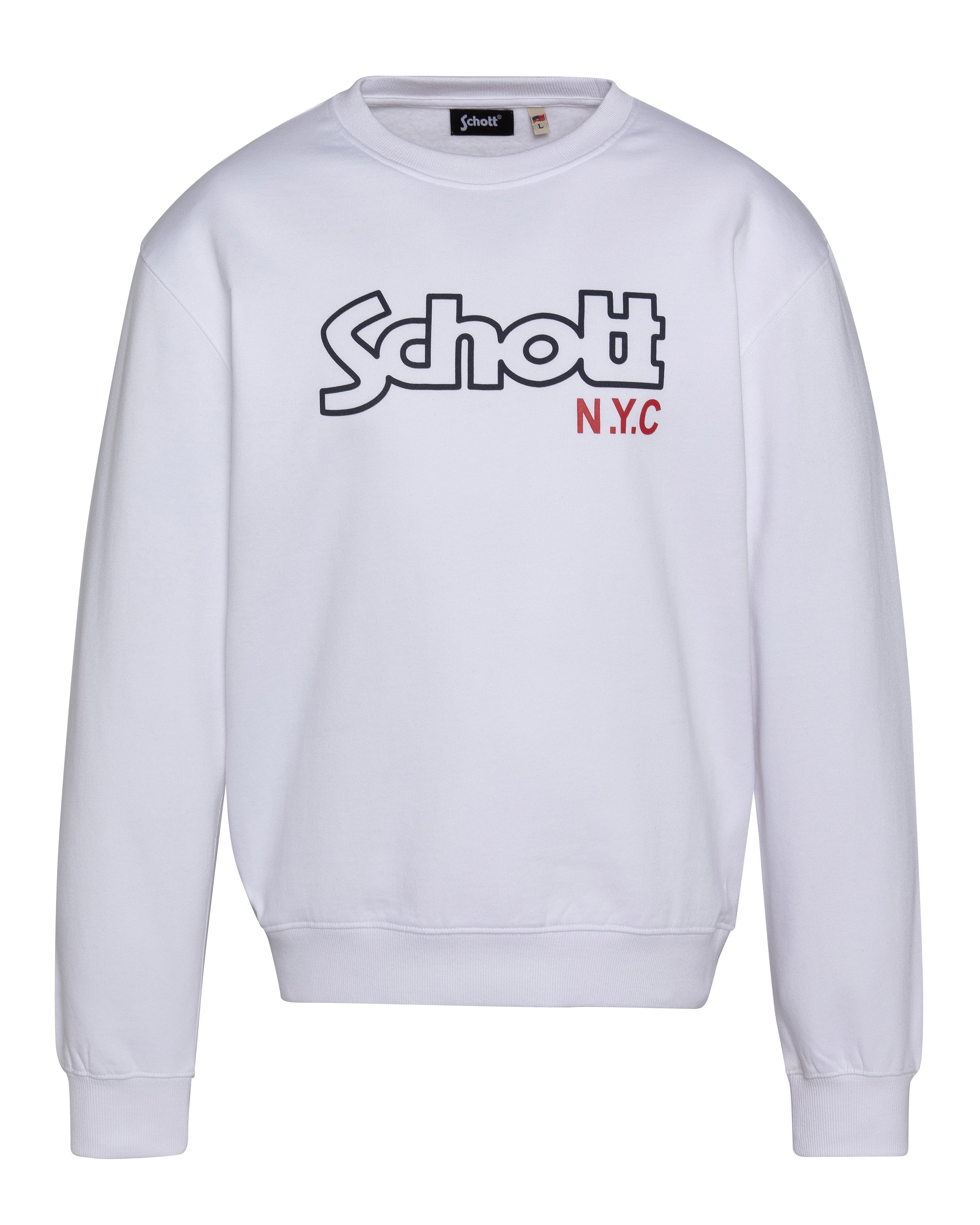 Weißer Sweatshirt mit Rundhals, langen Ärmeln und einem großen "Schott"-Logo in Schwarz, mit "N.Y.C" in Rot. Glatte Baumwolltextur.