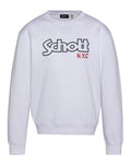 Weißer Sweatshirt mit Rundhals, langen Ärmeln und einem großen "Schott"-Logo in Schwarz, mit "N.Y.C" in Rot. Glatte Baumwolltextur.