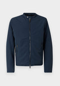 Marineblaue leichte Jacke mit hohem Kragen, vorderem Reißverschluss und zwei seitlichen Taschen. Verfügt über einen strukturierten Stoff für einen lässigen Look.
