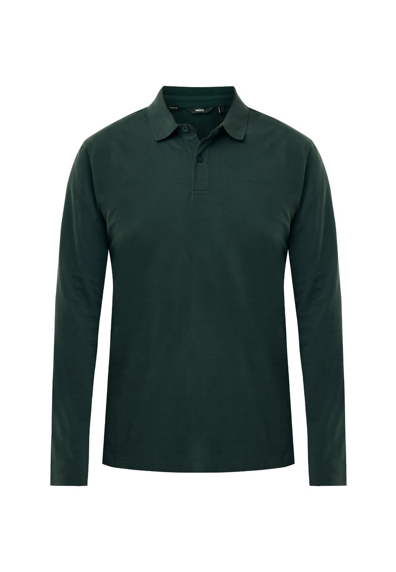 Dunkelgrünes Langarm-Polohemd mit Kragen und zwei Knöpfen, schlichtes Design, reguläre Passform, dezentes Markenlogo auf der Brust.