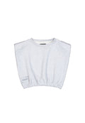Hellgrauer, taillierter Sweatshirt mit rundem Halsausschnitt, kurzen Ärmeln und elastischem Saum. Verfügt über ein kleines "Studio Edition"-Label an der Seite.