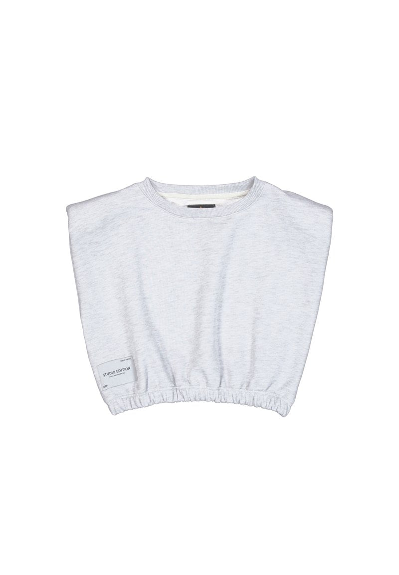 Hellgrauer, taillierter Sweatshirt mit rundem Halsausschnitt, kurzen Ärmeln und elastischem Saum. Verfügt über ein kleines "Studio Edition"-Label an der Seite.