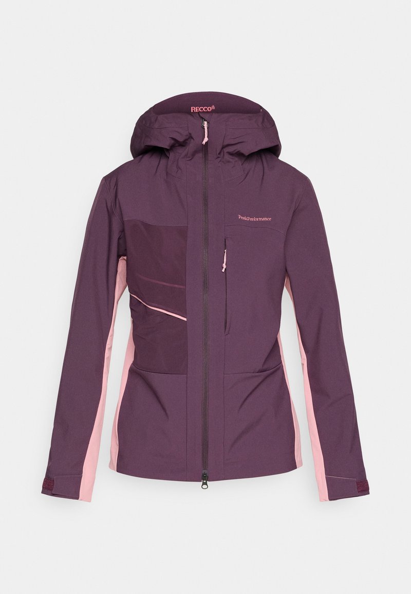 Damen lila Softshell-Jacke mit Kapuze, Frontreißverschluss, Brusttasche und hellrosa Seitenteilen sowie Ärmeldetails.