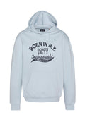 Hellblauer Hoodie mit Fronttasche und schwarzem Text: "Born in N.Y. Schott 1913 Incorporated Camps League."