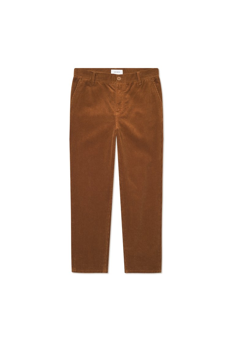 Braune Cord-Hosen mit geradem Schnitt, ausgestattet mit Fronttaschen, einem Knopfverschluss und vertikaler Rippstruktur.