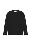 Schwarzer gerippter Strickpullover mit langen Ärmeln und rundem Ausschnitt. Bietet einen strukturierten Stoff und eine lockere Passform. Keine sichtbaren Zubehörteile oder Akzente.