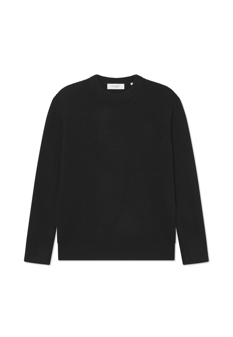 Schwarzer gerippter Strickpullover mit langen Ärmeln und rundem Ausschnitt. Bietet einen strukturierten Stoff und eine lockere Passform. Keine sichtbaren Zubehörteile oder Akzente.