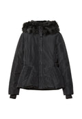 Schwarze Daunenjacke mit Kapuze aus Kunstpelz, geprägt von einer gesteppte Textur, Druckknopfverschlüssen und seitlichen Taschen für mehr Funktionalität.