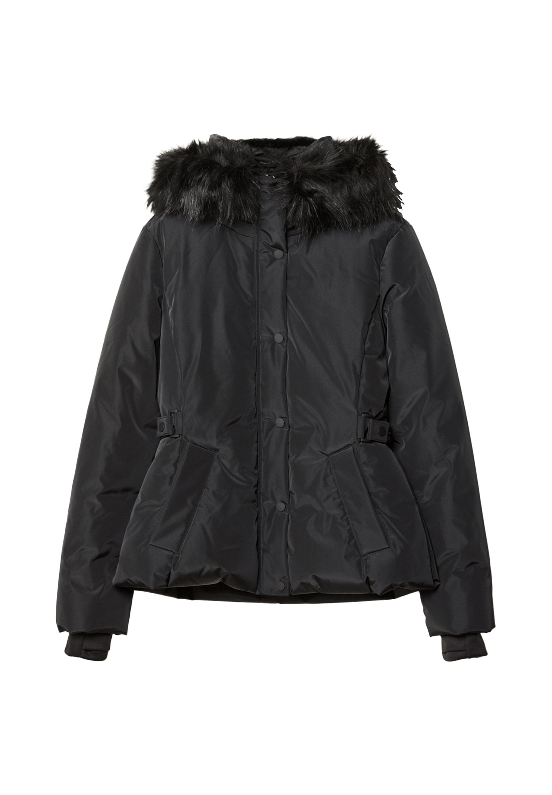 Schwarze Daunenjacke mit Kapuze aus Kunstpelz, geprägt von einer gesteppte Textur, Druckknopfverschlüssen und seitlichen Taschen für mehr Funktionalität.