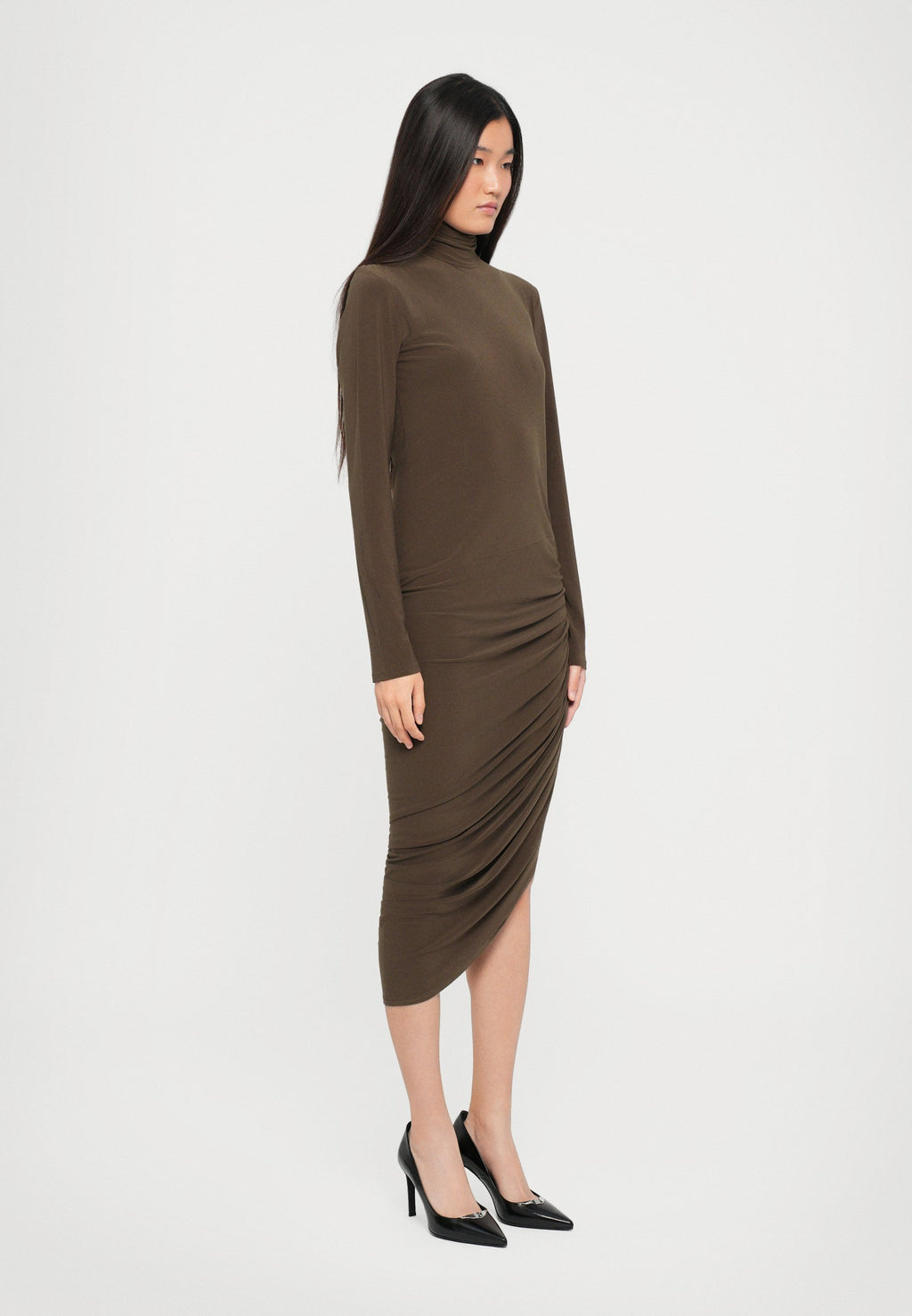 Norma Kamali LONG SLEEVE TURTLENECK SIDE DRAPE DRESS TO MIDCALF