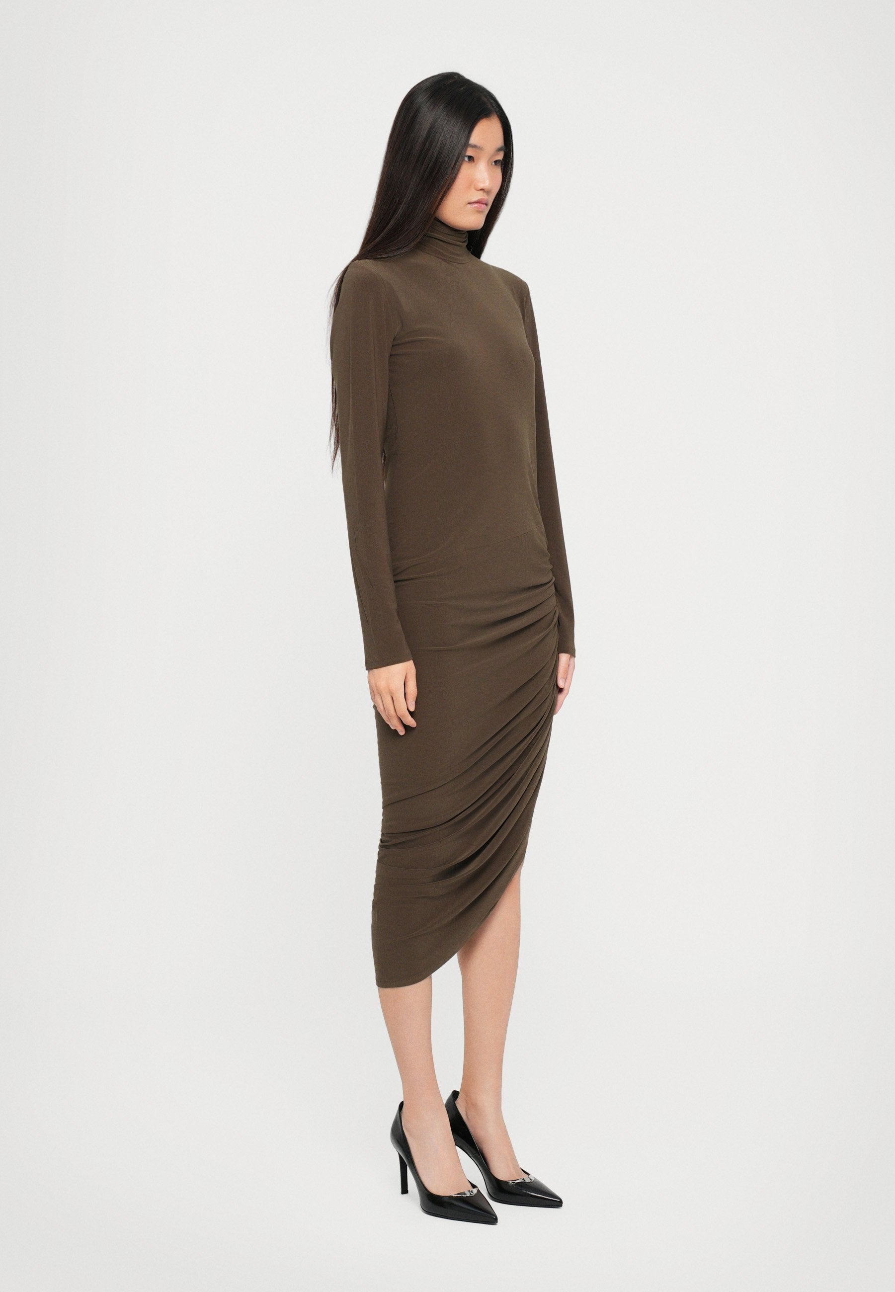 Norma Kamali LONG SLEEVE TURTLENECK SIDE DRAPE DRESS TO MIDCALF