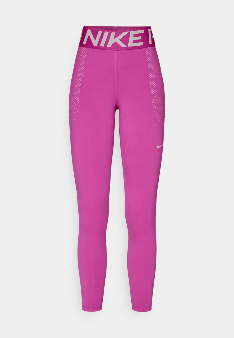 Rosa Nike Leggings mit einem breiten grauen Bund, der den Markennamen trägt. Glatte Textur, knöchellang und mit seitlichen Mesh-Details für Atmungsaktivität.