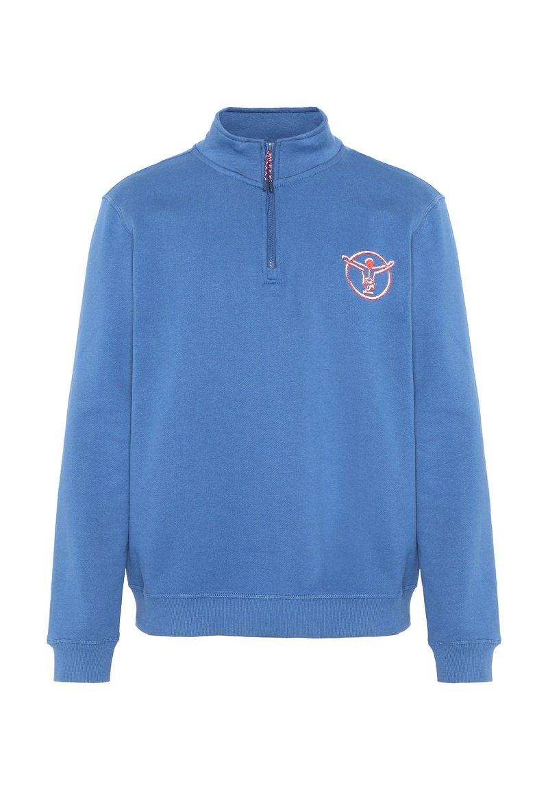 Blauer Fleecepullover mit hohem Kragen, Viertel-Reißverschluss, gerippten Bündchen und einem gestickten Logodetail auf der Brust.