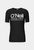 Schwarzes T-Shirt mit kurzen Ärmeln und weißem Schriftzug "O'Neill SANTA CRUZ CALIFORNIA-U.S.A." Glatter Stoff; Rundhalsausschnitt; lockere Passform.