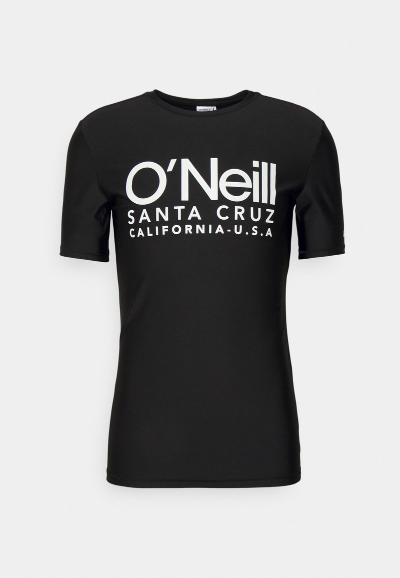 Schwarzes T-Shirt mit kurzen Ärmeln und weißem Schriftzug "O'Neill SANTA CRUZ CALIFORNIA-U.S.A." Glatter Stoff; Rundhalsausschnitt; lockere Passform.