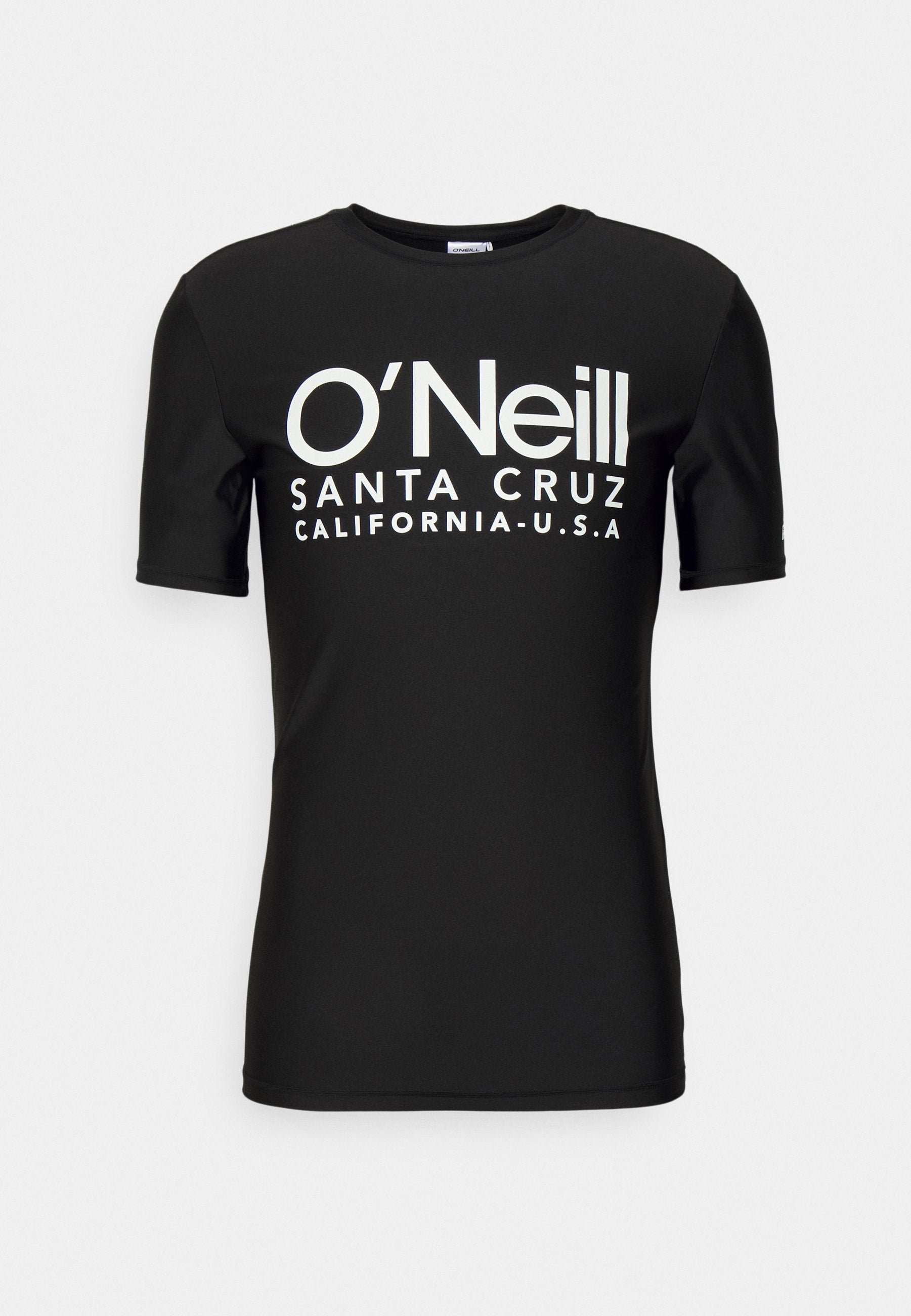 Schwarzes T-Shirt mit kurzen Ärmeln und weißem Schriftzug "O'Neill SANTA CRUZ CALIFORNIA-U.S.A." Glatter Stoff; Rundhalsausschnitt; lockere Passform.