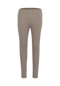 Beige Leggings aus dehnbarem Stoff, mit einem breiten, flachen Bund und einer glatten Textur, die für Komfort und Bewegungsfreiheit entwickelt wurden.