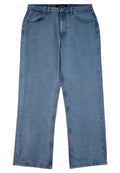 Hellblaue Jeans aus Denim mit geraden Beinen, vorderem Knopf und Reißverschluss, Gürtelschlaufen und Fünf-Taschen-Design.